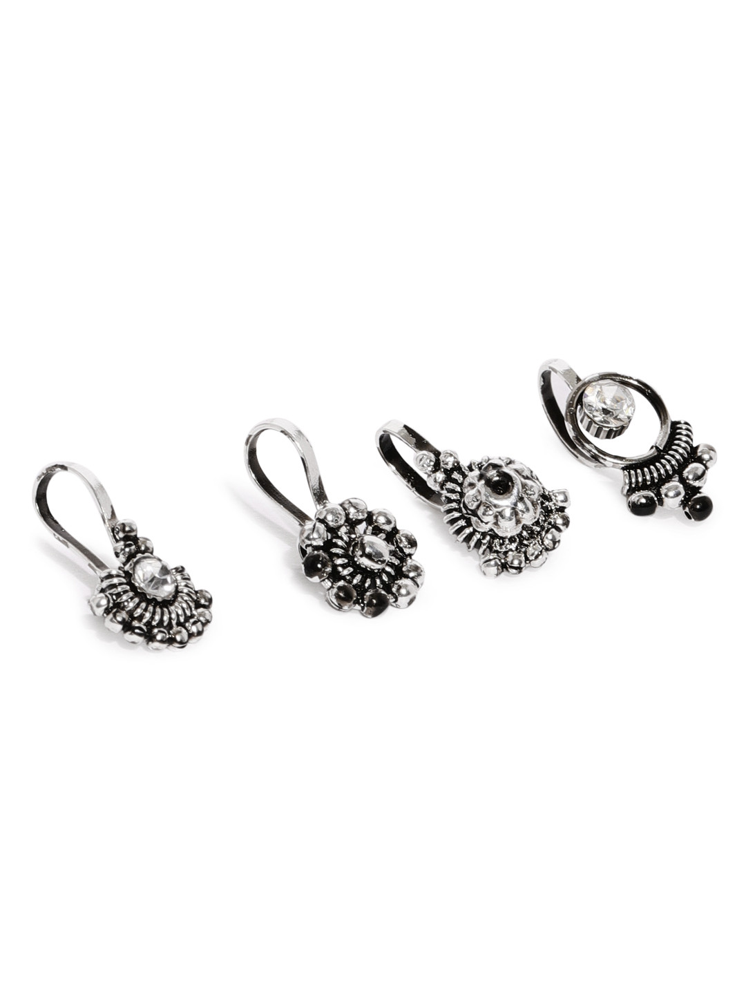 Zaveri Pearls Set Of 4 Antique Silver Toned Adjustable Nose Pin