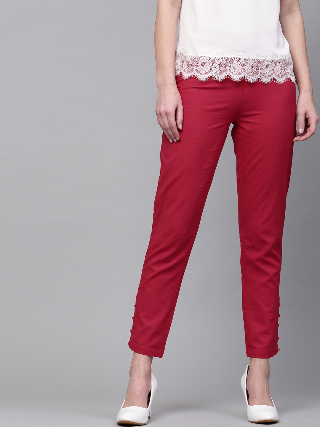 Buy SASSAFRAS Women Red Slim Fit Solid Semi Sheer Cigarette Trousers   Trousers for Women 8256041  Myntra