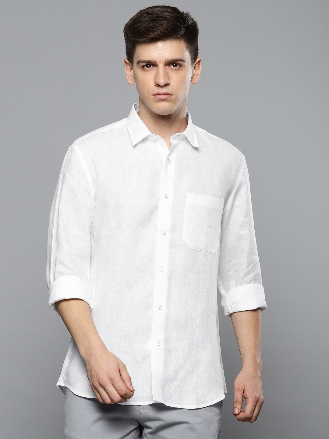 Louis Philippe Men's Solid Slim Fit Casual Shirt Matte White Size