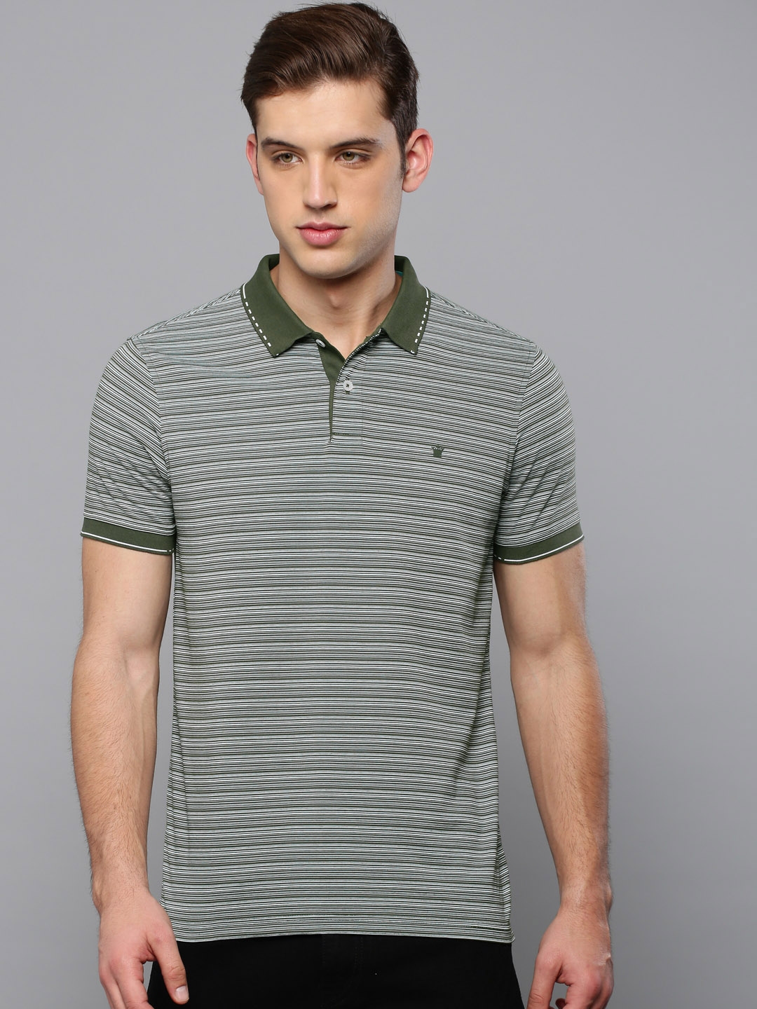 Louis Philippe Green Striped Polo Collar T Shirt 9287981.htm - Buy