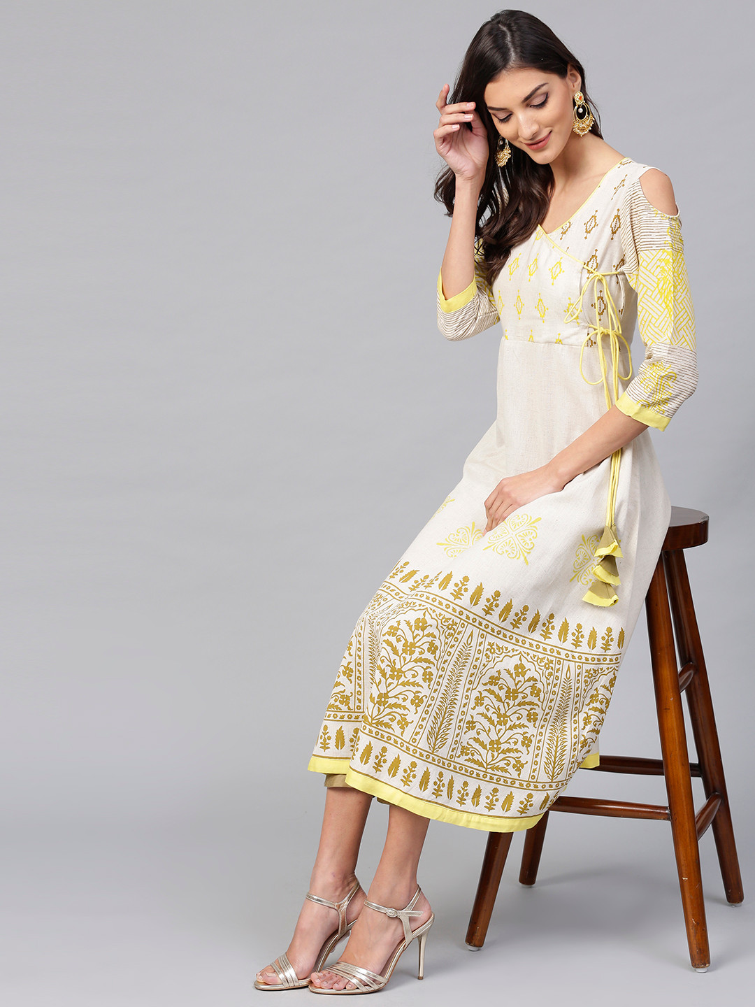 Pannkh Women Off-White & Yellow Printed Angrakha A-Line Kurta
