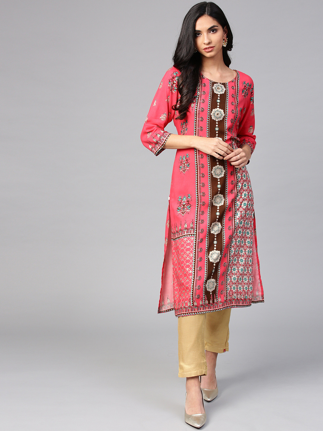 Shree Women Pink & Brown Printed Straight Kurta