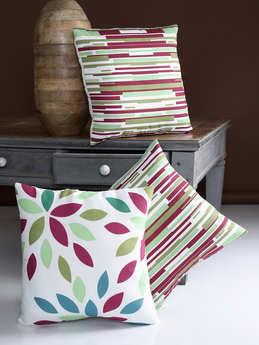 Alina decor White Striped Polyester Washable 3 Piece Square Cushion Covers -16x16In