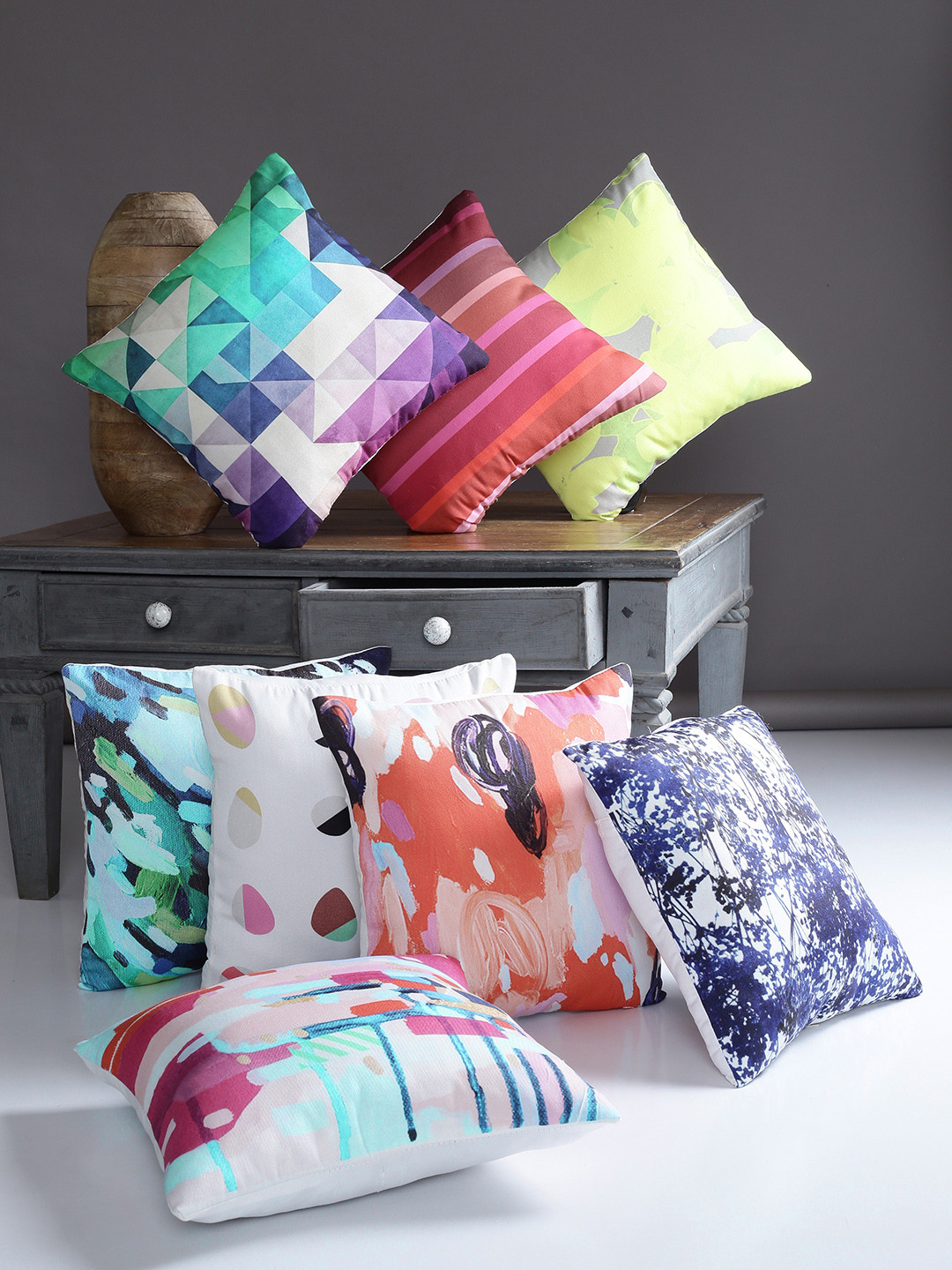 Alina decor Multicoloured Abstract Polyester Washable 8 Pcs Square Cushion Covers -16x16In