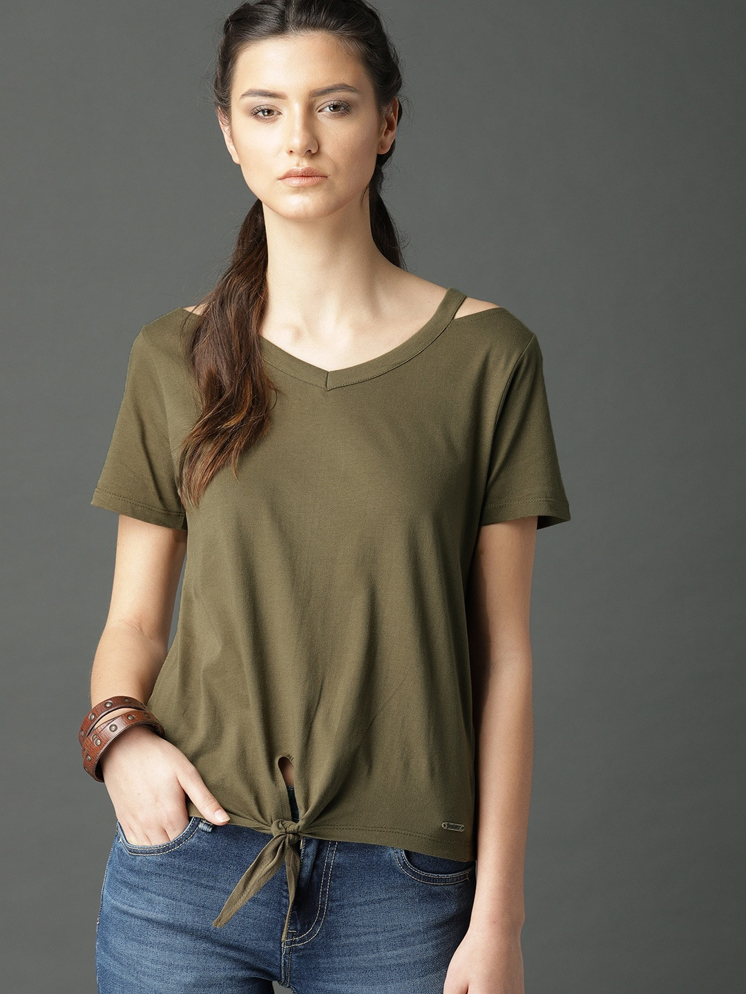 Roadster Olive Green Top With Cold Shoulder