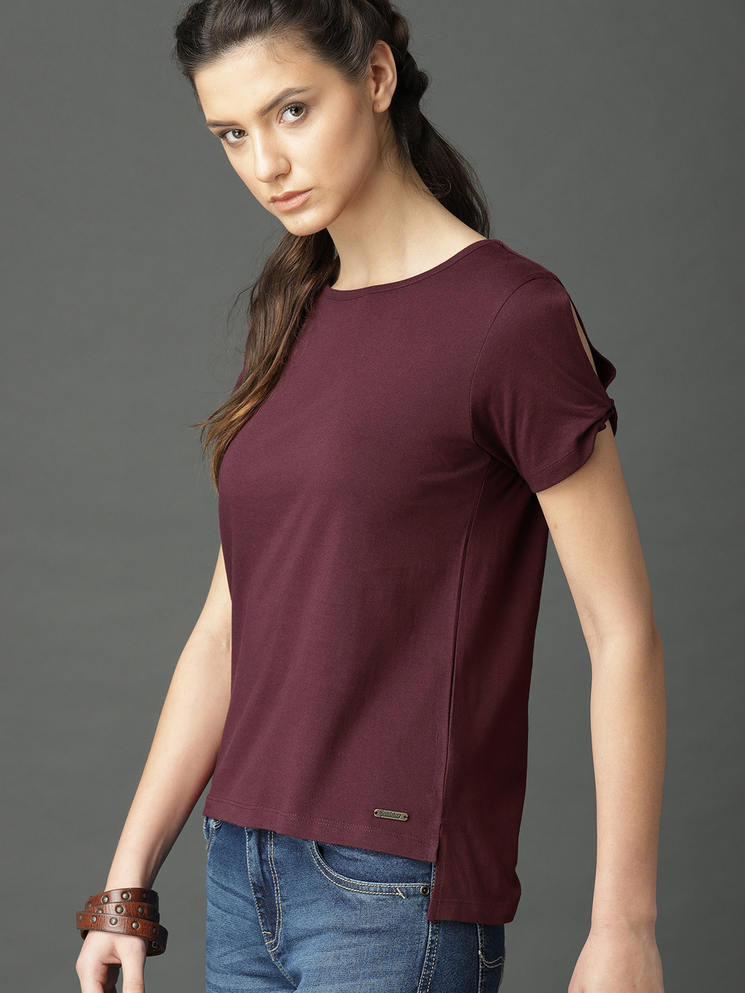 Roadster Women Burgundy Solid High-Low  Cotton Top