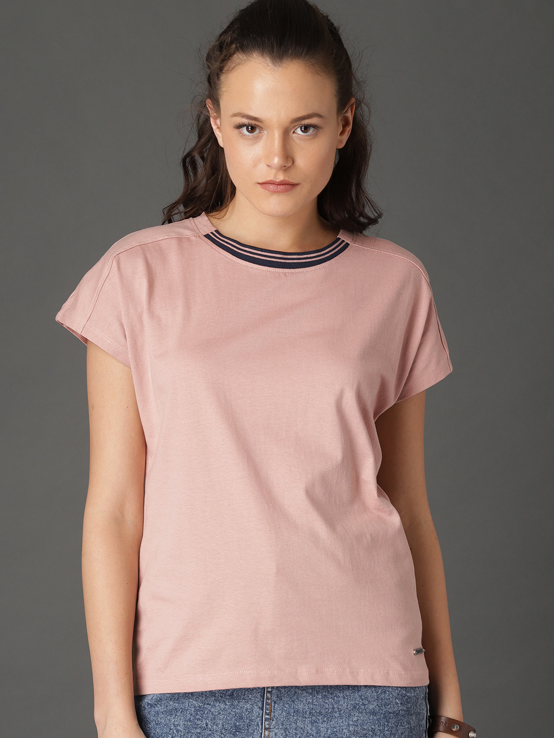 Roadster Women Pink Solid Pure Cotton T-shirt with Rib Detail
