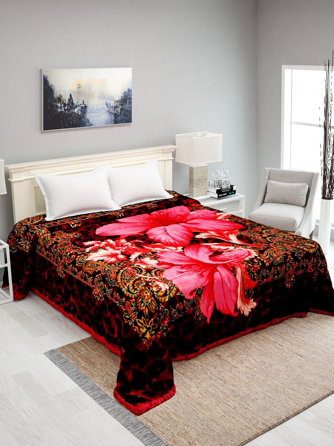 A Homes Grace Red Brown Floral Heavy Winter 600 GSM Double Bed Blanket