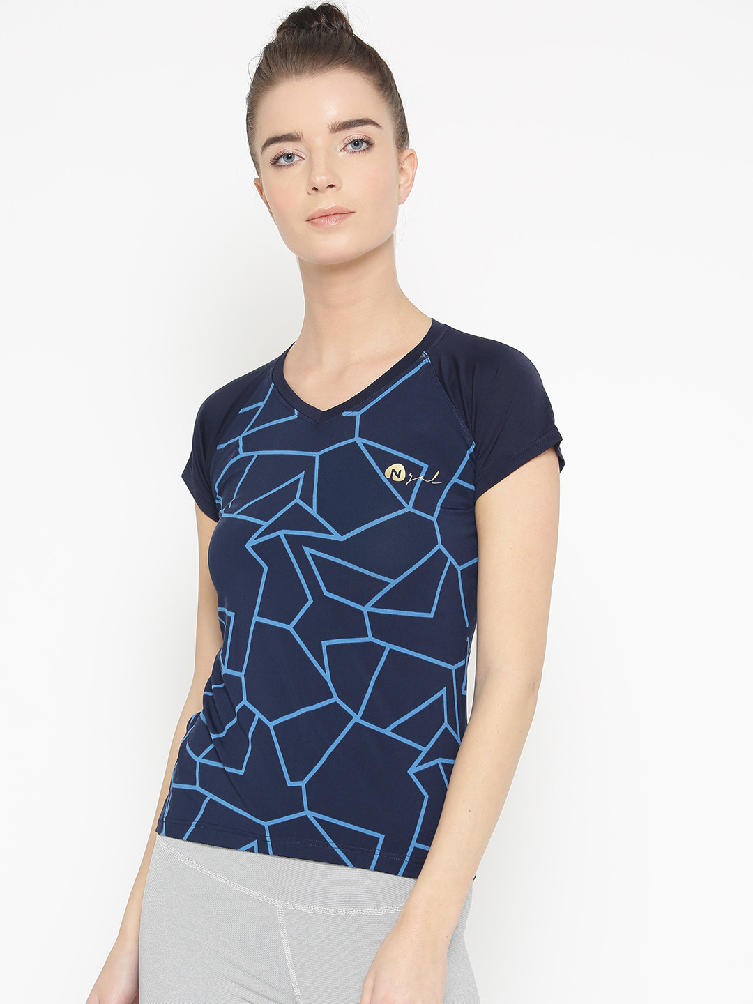 N-Gal Women Blue Printed V-Neck T-shirt