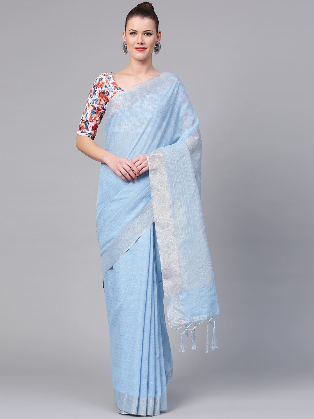 Buy Saree Mall Blue & Silver Striped Saree - Sarees for Women ...