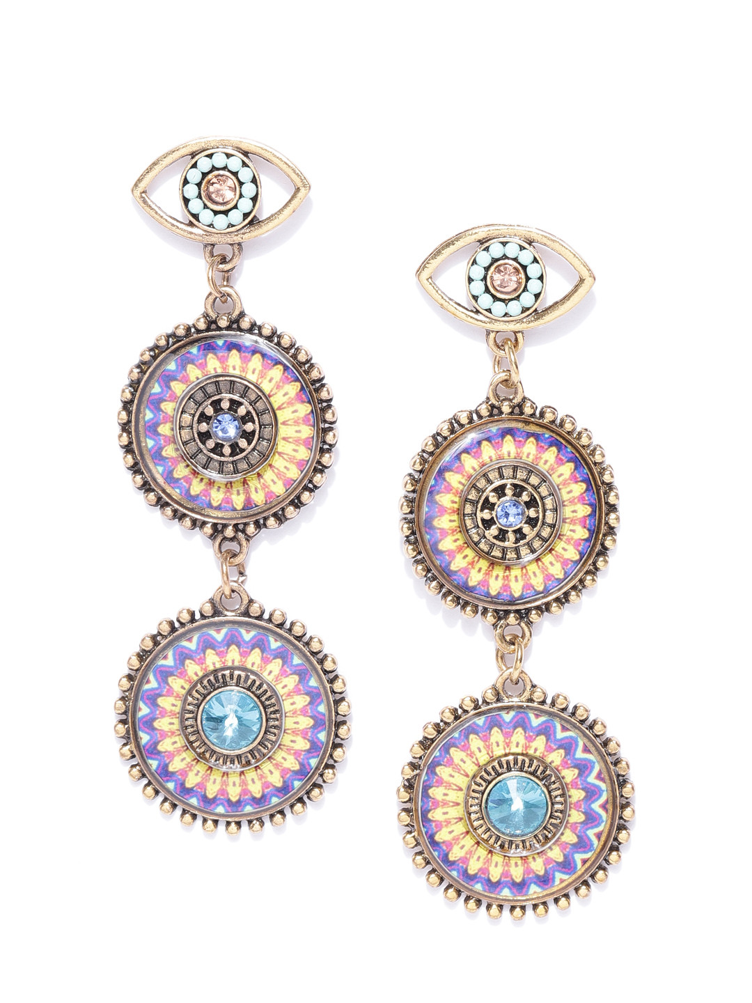 Jewels Galaxy Purple & Yellow Antique Gold-Plated Handcrafted Circular Drop Earrings