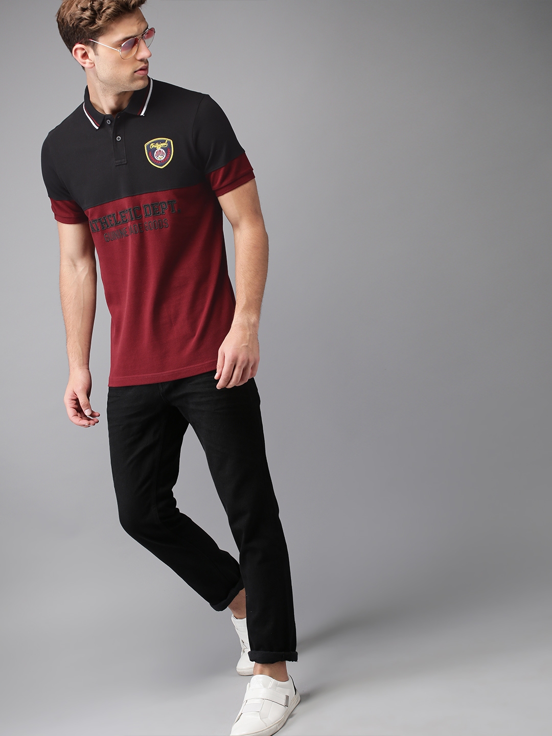 Buy Moda Rapido Men Maroon Black Colourblocked Polo Collar Pure