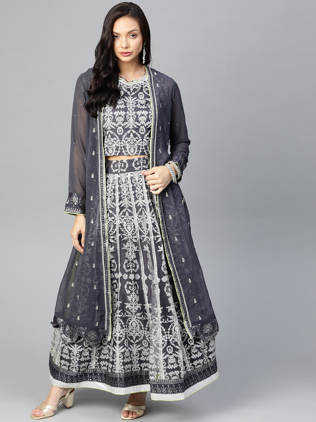 WISHFUL by W Women Grey & White Printed Crop Top with Skirt & Open-Front Ethnic Jacket