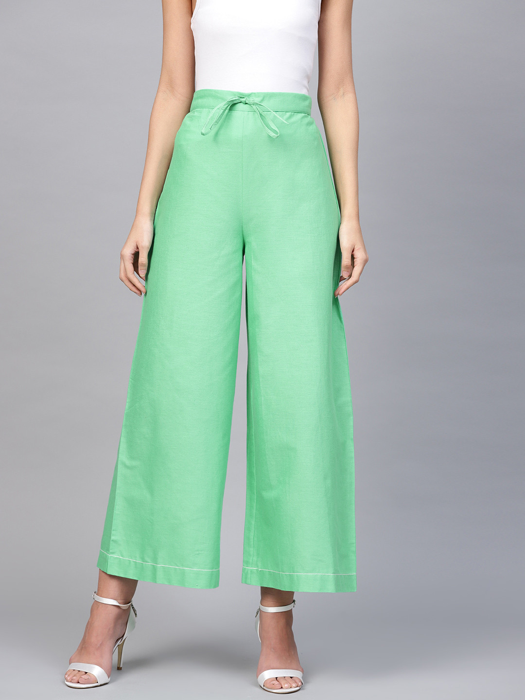 W Women Green Solid Cropped Wide Leg Palazzos