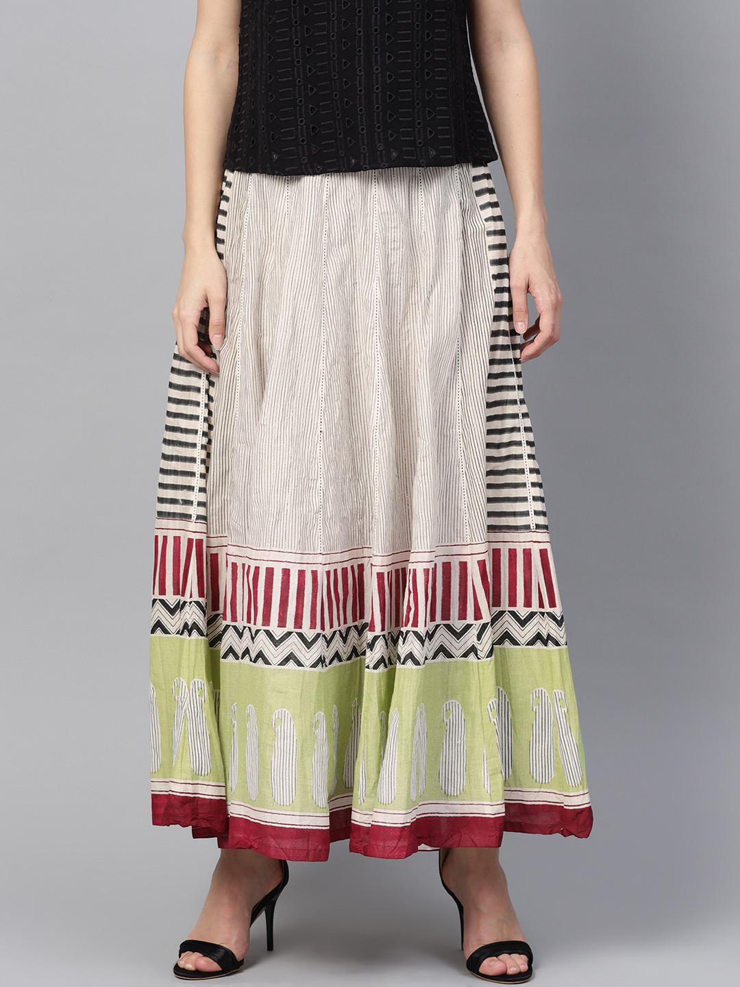 W Off-White & Green Striped Midi A-Line Pure Cotton Skirt
