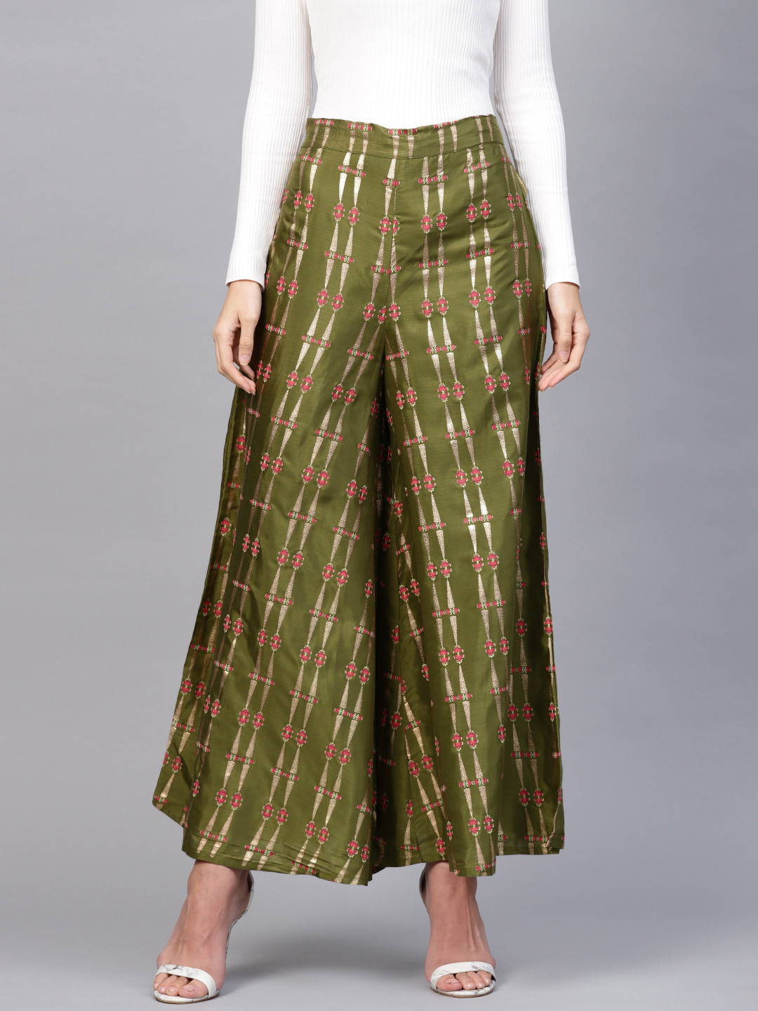 WISHFUL by W Women Green & Golden Flared Printed Palazzos