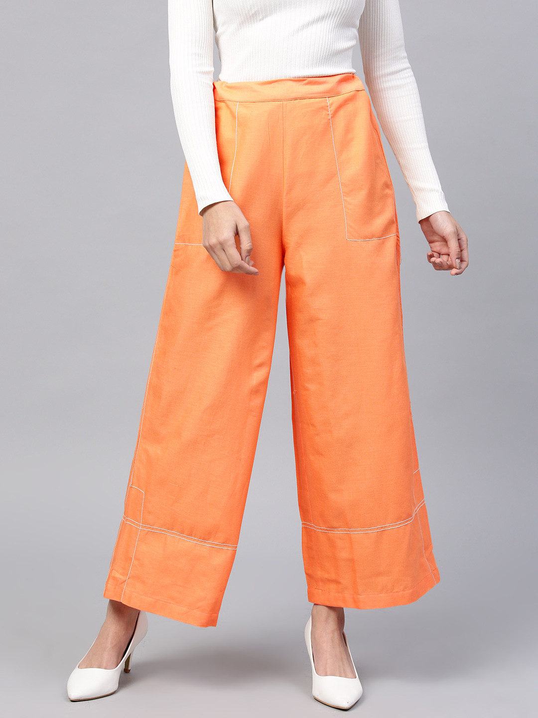 W Women Orange Wide Leg Solid Palazzos