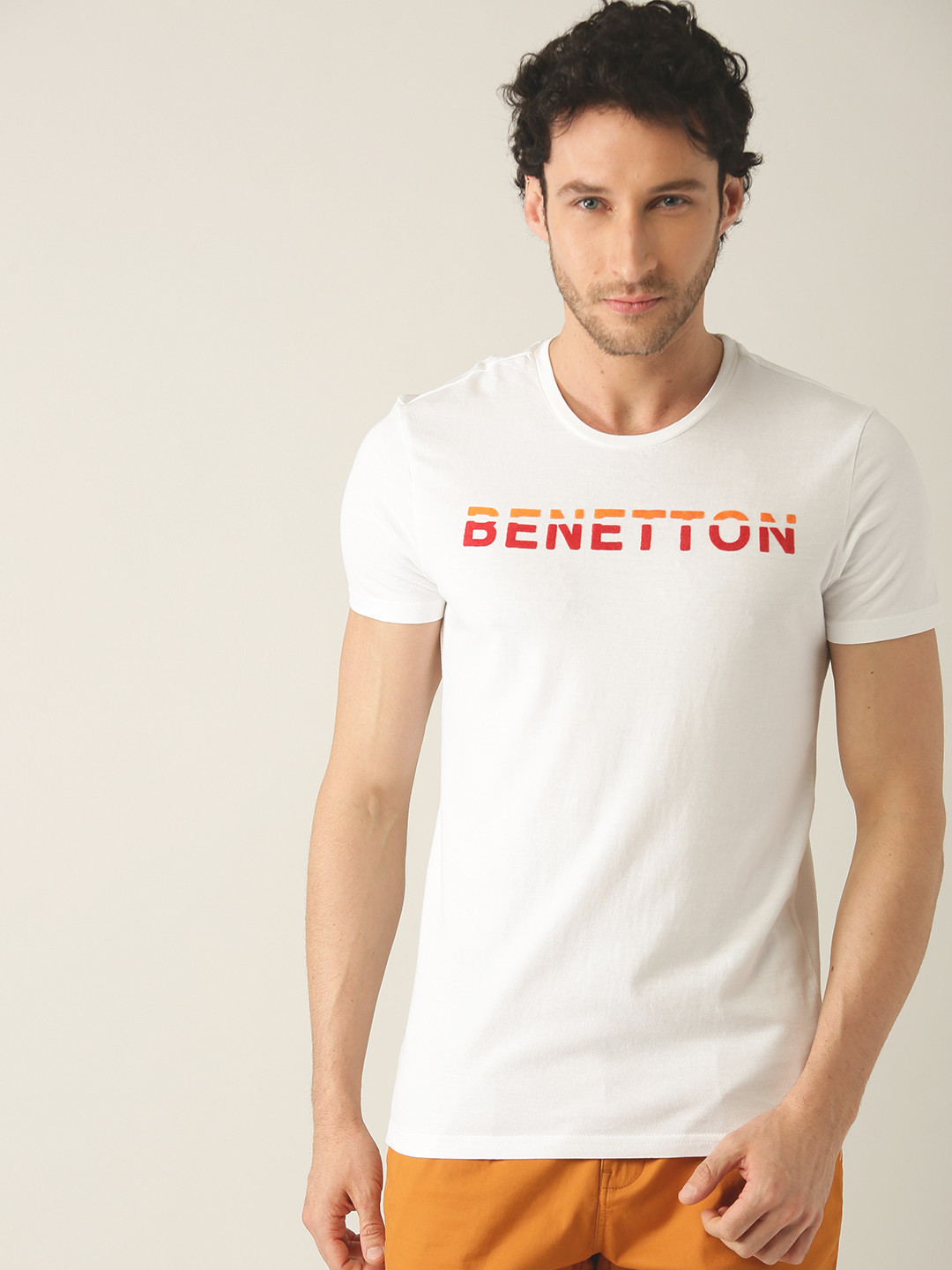 Benetton Men White Solid Round Neck 