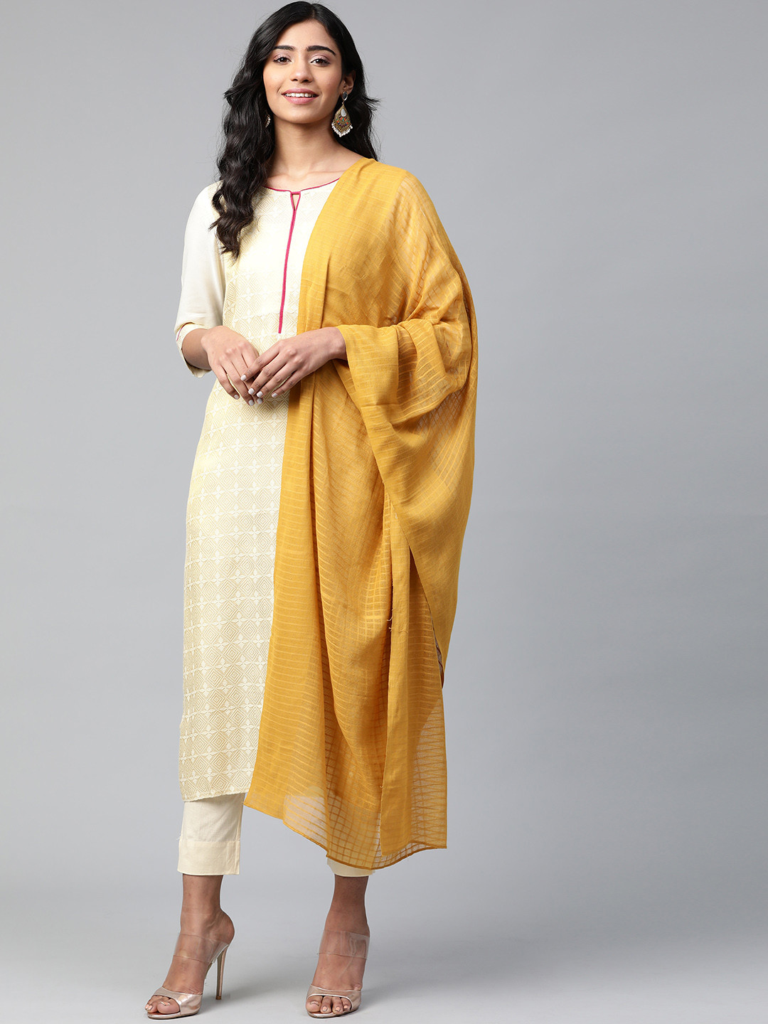AURELIA Mustard Yellow Pure Cotton Self-Checked Dupatta