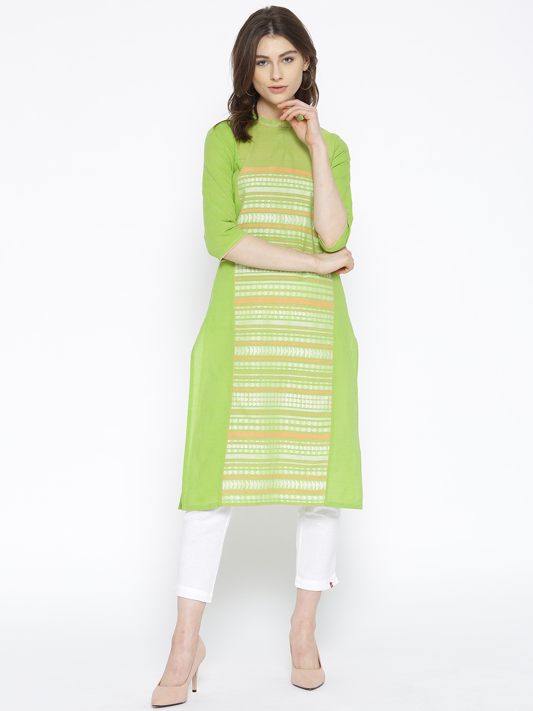 Buy AURELIA Women Green & Off White Woven Design Straight Kurta ...