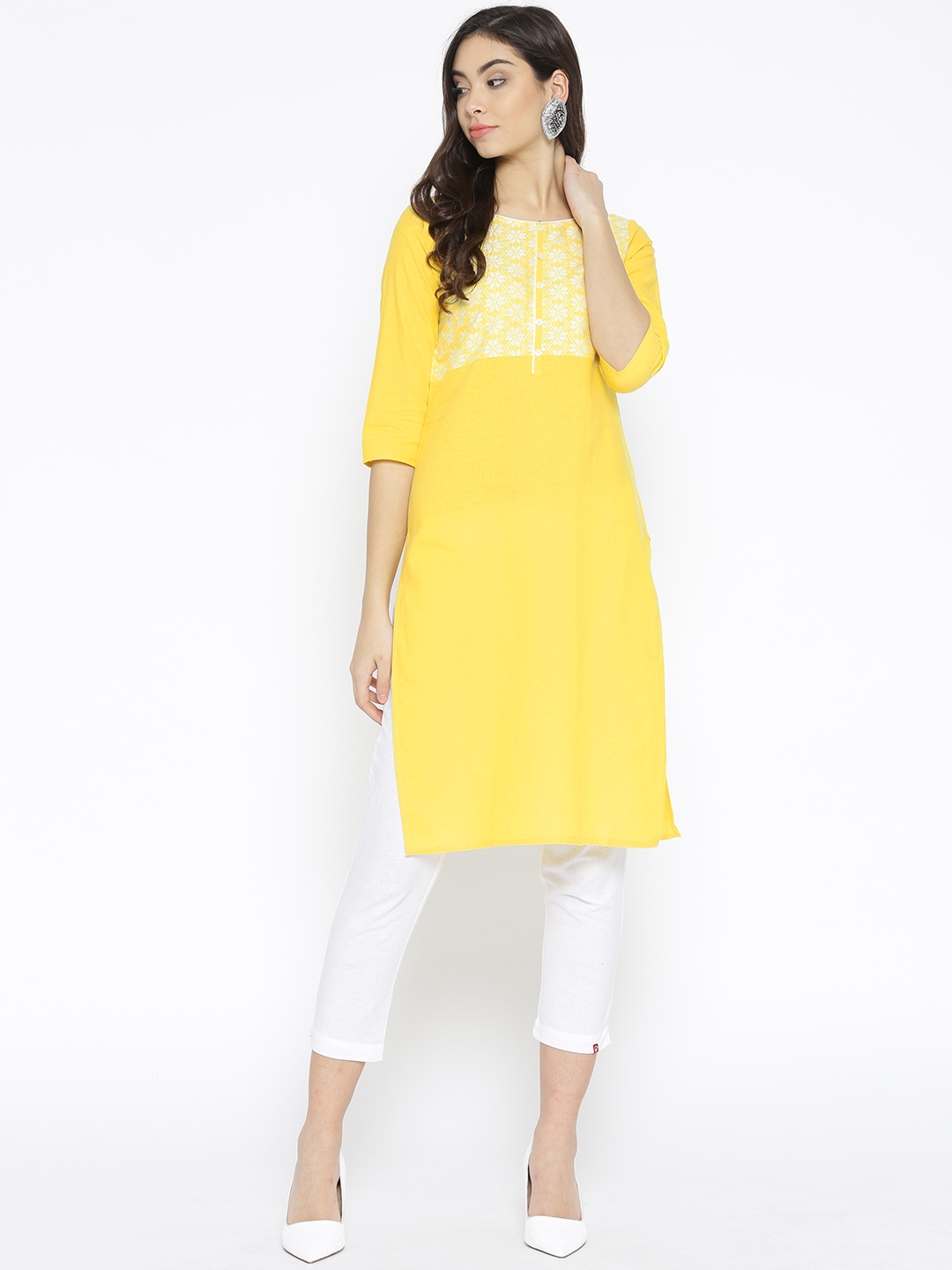 Buy AURELIA Women Yellow & White Yoke Design Straight Kurta ...