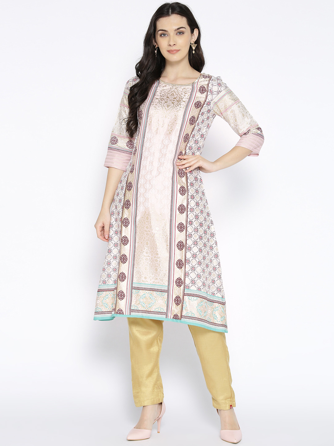 AURELIA Women Light Pink & Golden Printed A-Line Kurta