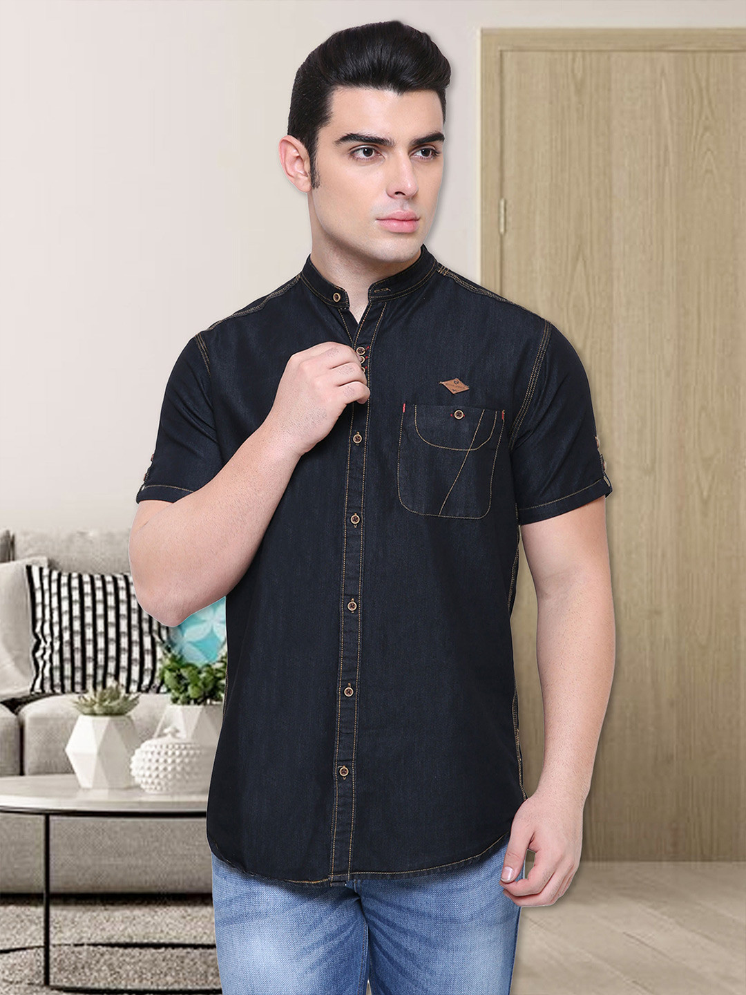 Kuons Avenue Men Black Custom Slim Fit Solid Casual Denim Shirt