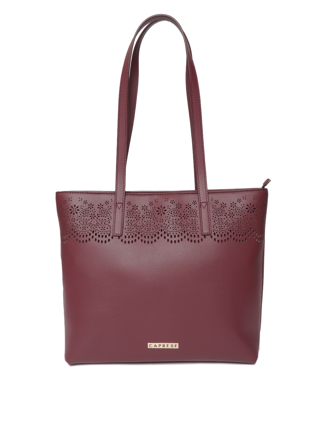 Buy Caprese Burgundy Solid Shoulder Bag With Cut Work Handbags