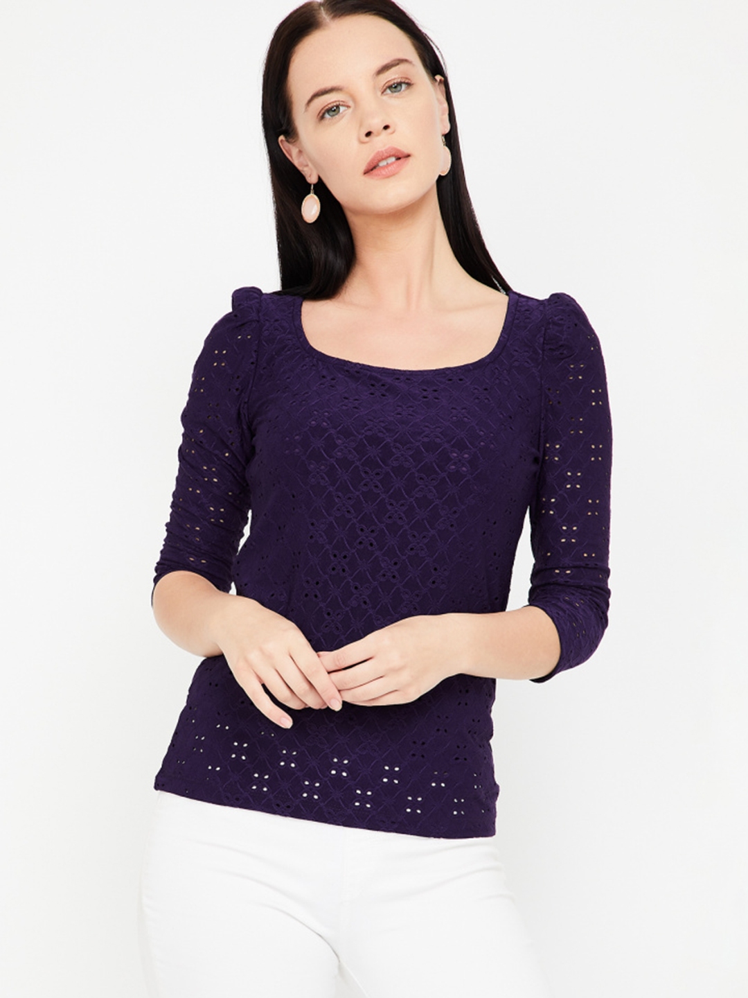 Buy CODE By Lifestyle Women Purple Self Design Top - Tops for ...