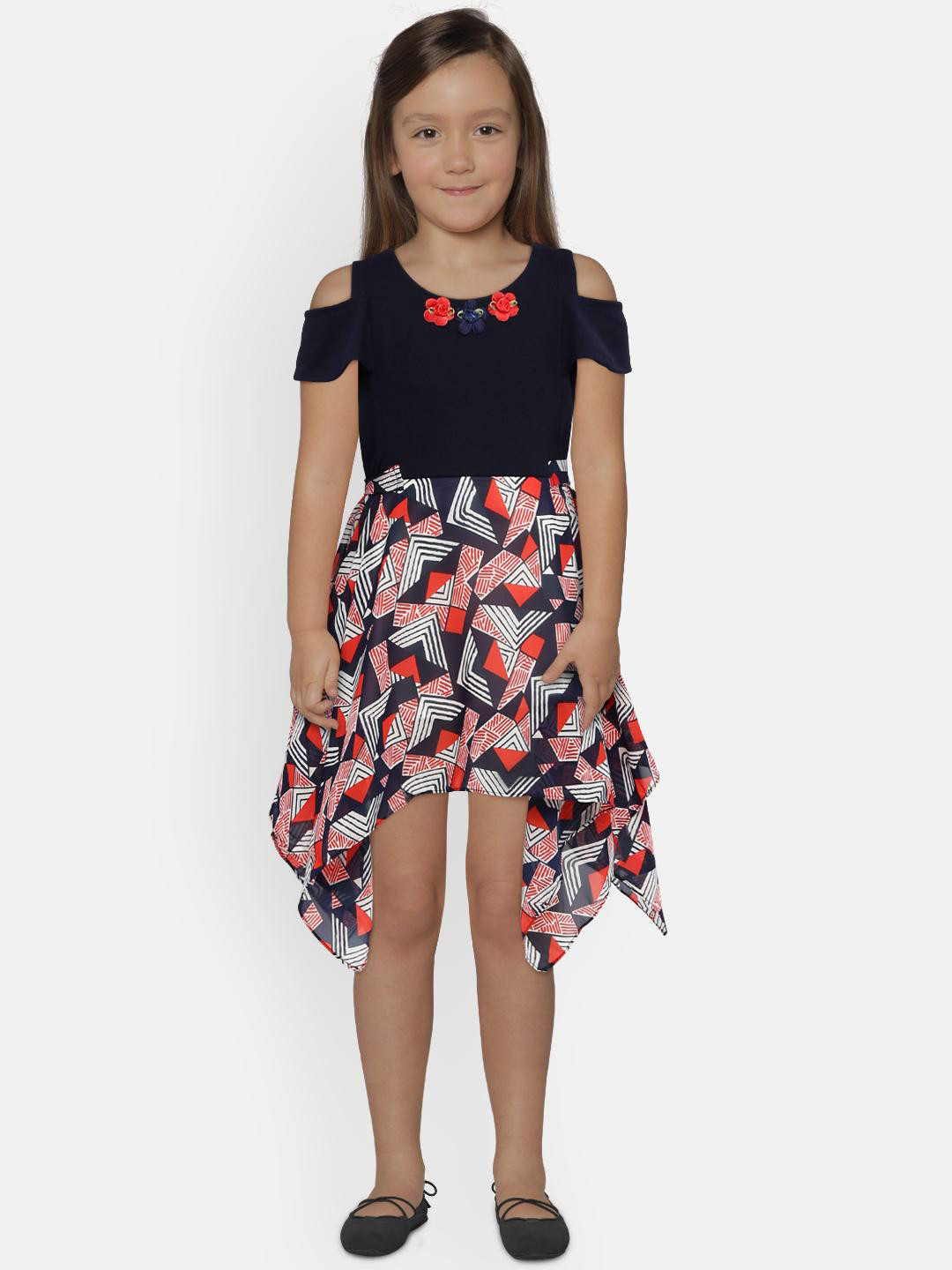 Peppermint Girls Navy Blue & Red Printed Fit and Flare Dress