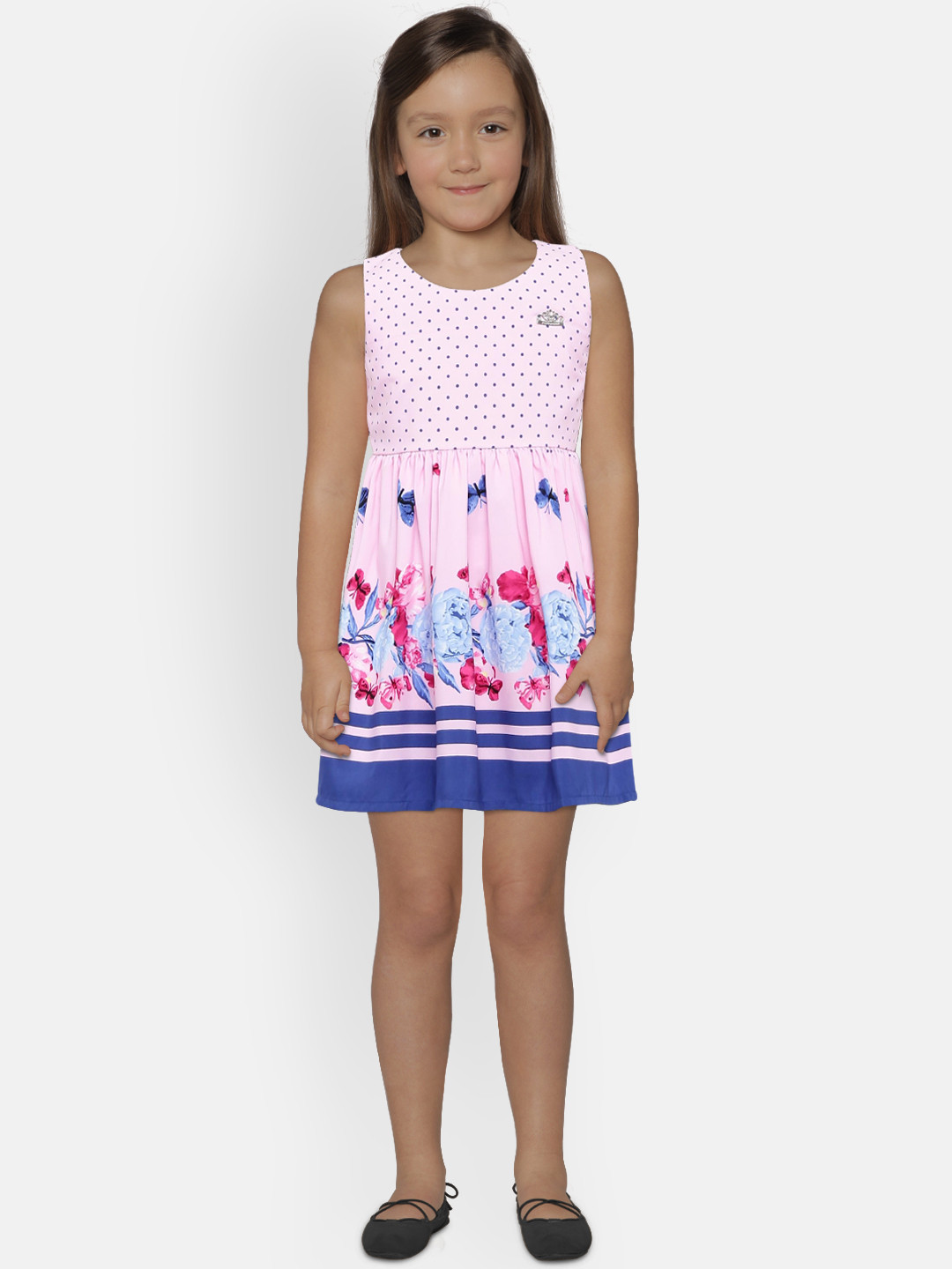 Peppermint Girls Pink & Navy Blue Printed Fit and Flare Dress