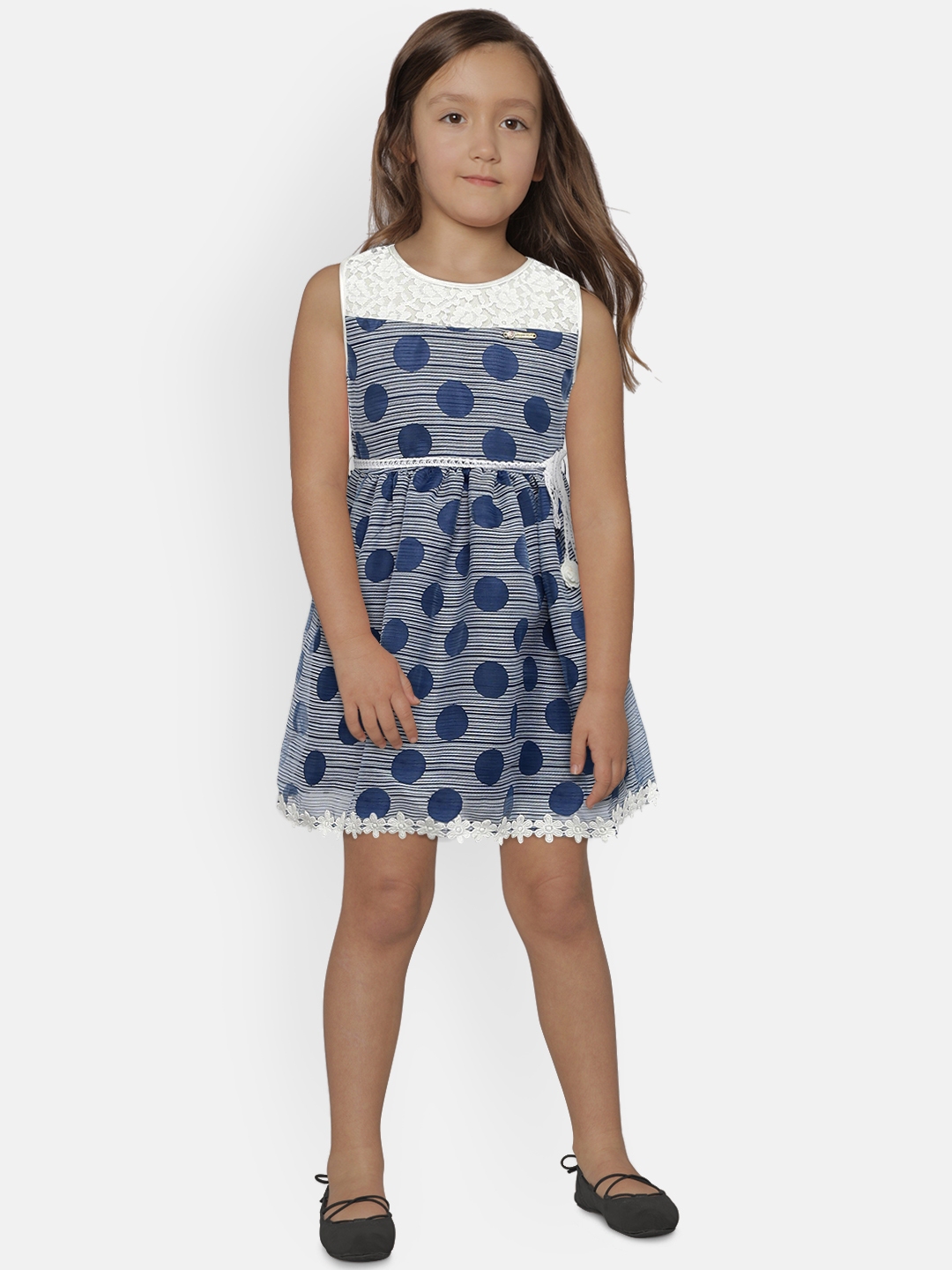 Peppermint Girls Navy Blue Printed Fit and Flare Dress