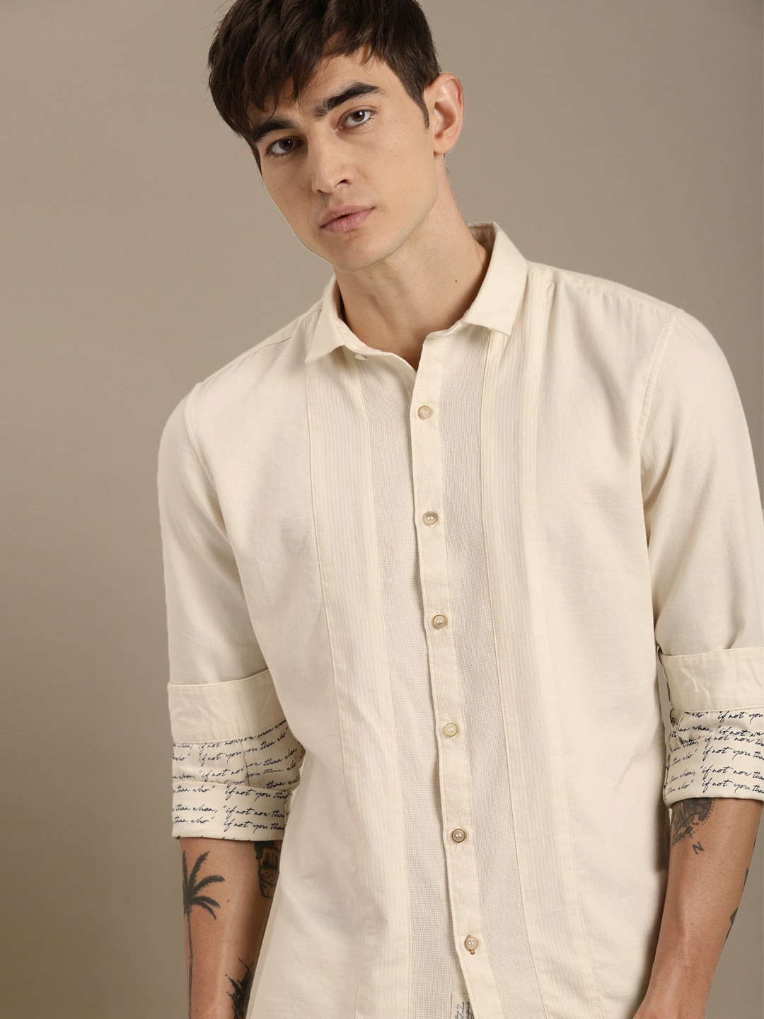 Ether Kora Collection Men Off-White Sustainable Unbleached Fabric Self-Design  Sustainable Shirt