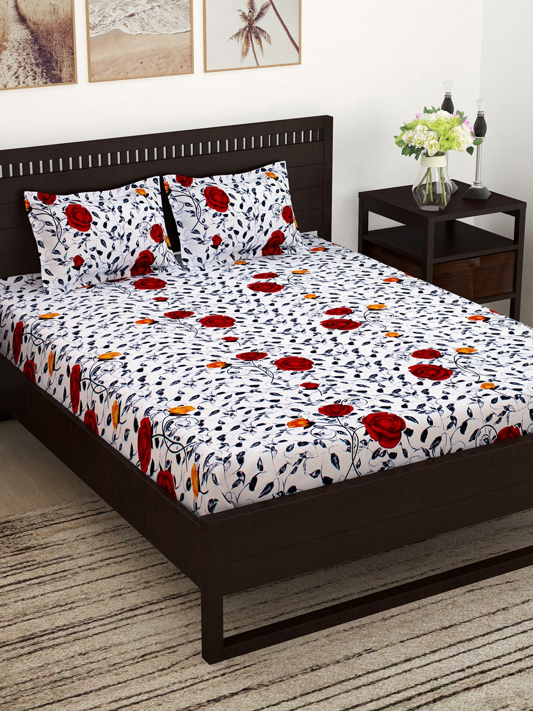 Story@home White & Red Floral Fitted and Flat 160 TC Cotton 1 Queen Bedsheet with 2 Pillow Covers