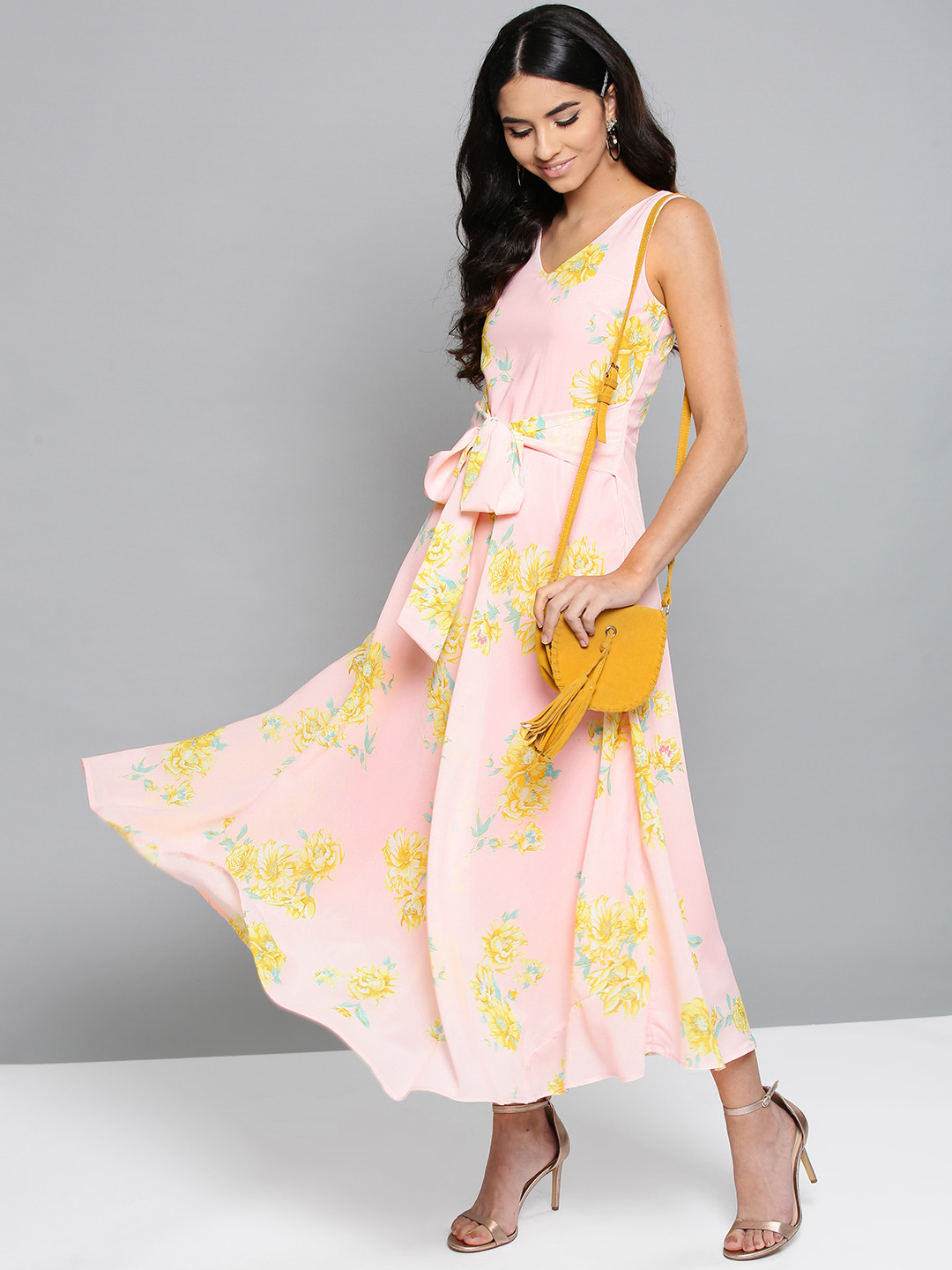 Harpa Women Pink & Yellow Printed Maxi Dress