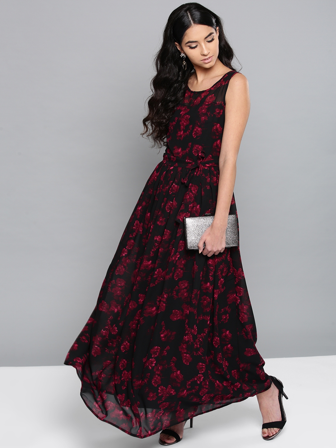 Buy Harpa Women Black & Maroon Printed Maxi Dress - Dresses for ...