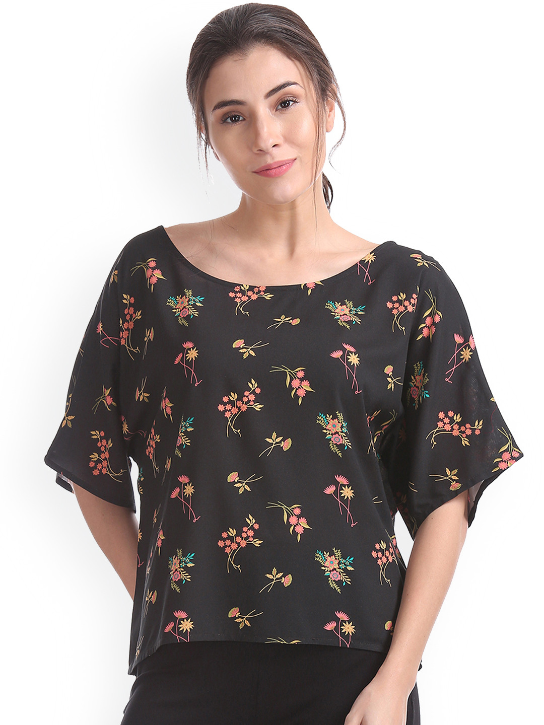 Cherokee Women Black Floral Printed Boxy Top