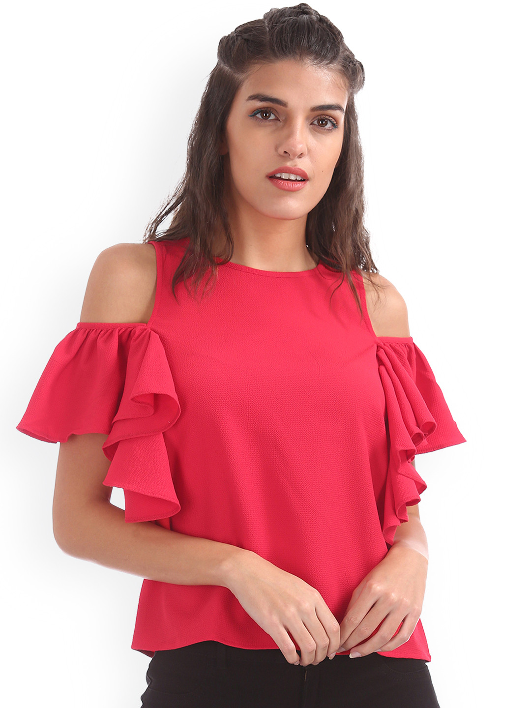 Sugr Women Coral Red Solid Cold-Shoulder Sleeves Regular Top