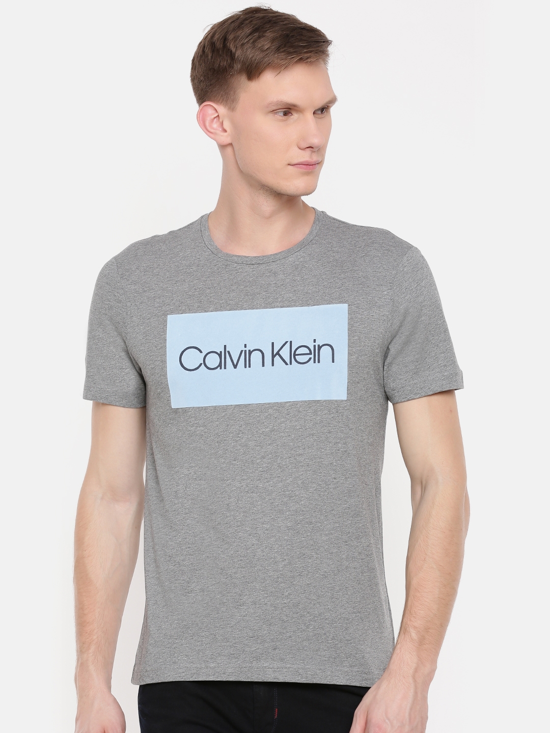 Buy Calvin Klein Jeans Men Grey Melange Printed Round Neck Pure Cotton T  Shirt - Tshirts for Men 8509459 | Myntra