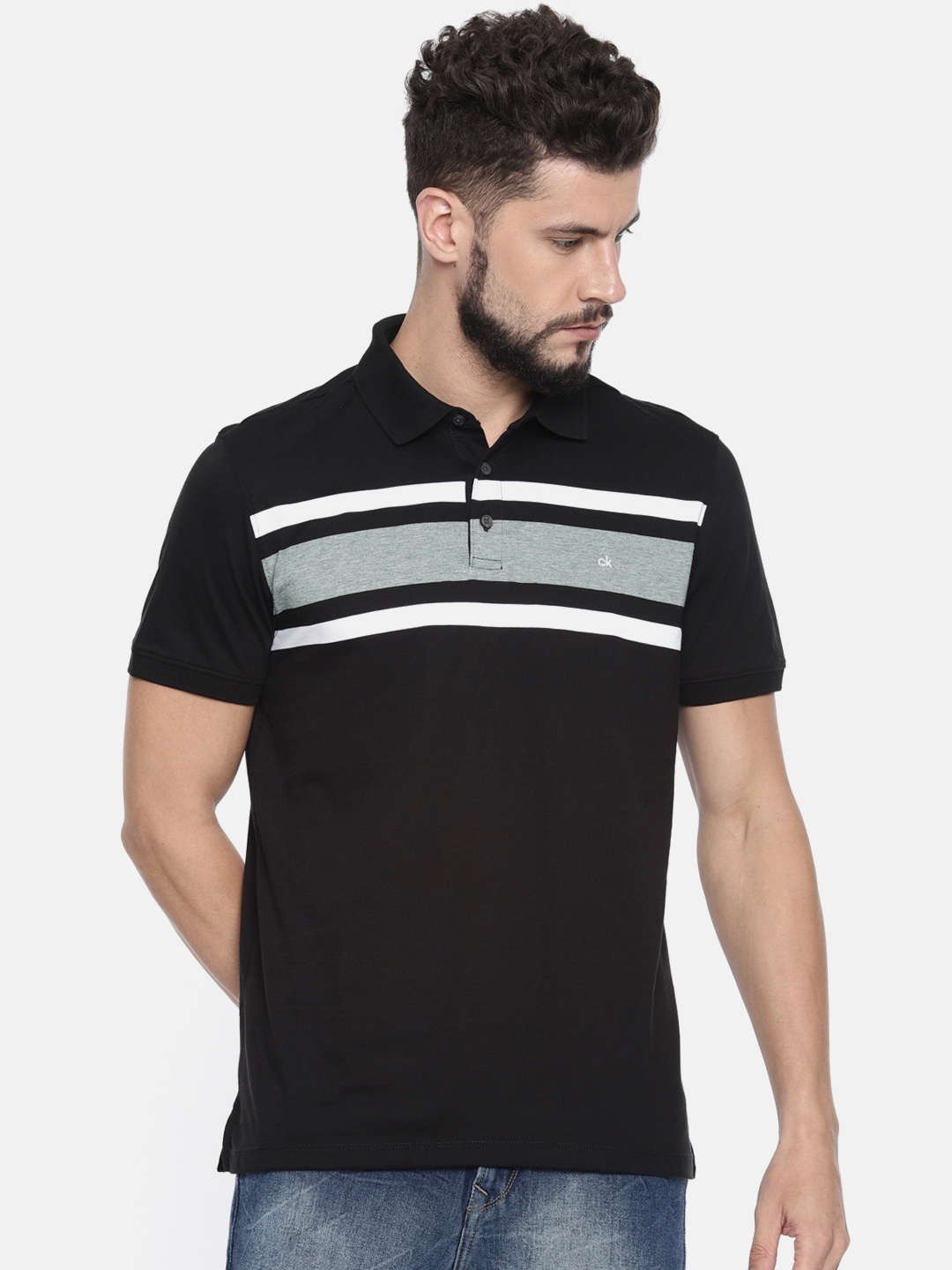 Buy Calvin Klein Jeans Men Black White Striped Polo Collar Pure Cotton T  Shirt - Tshirts for Men 8509635 | Myntra