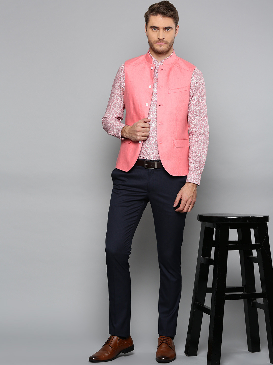 Blackberrys Men Pink Solid Linen Slim Fit Nehru Jacket