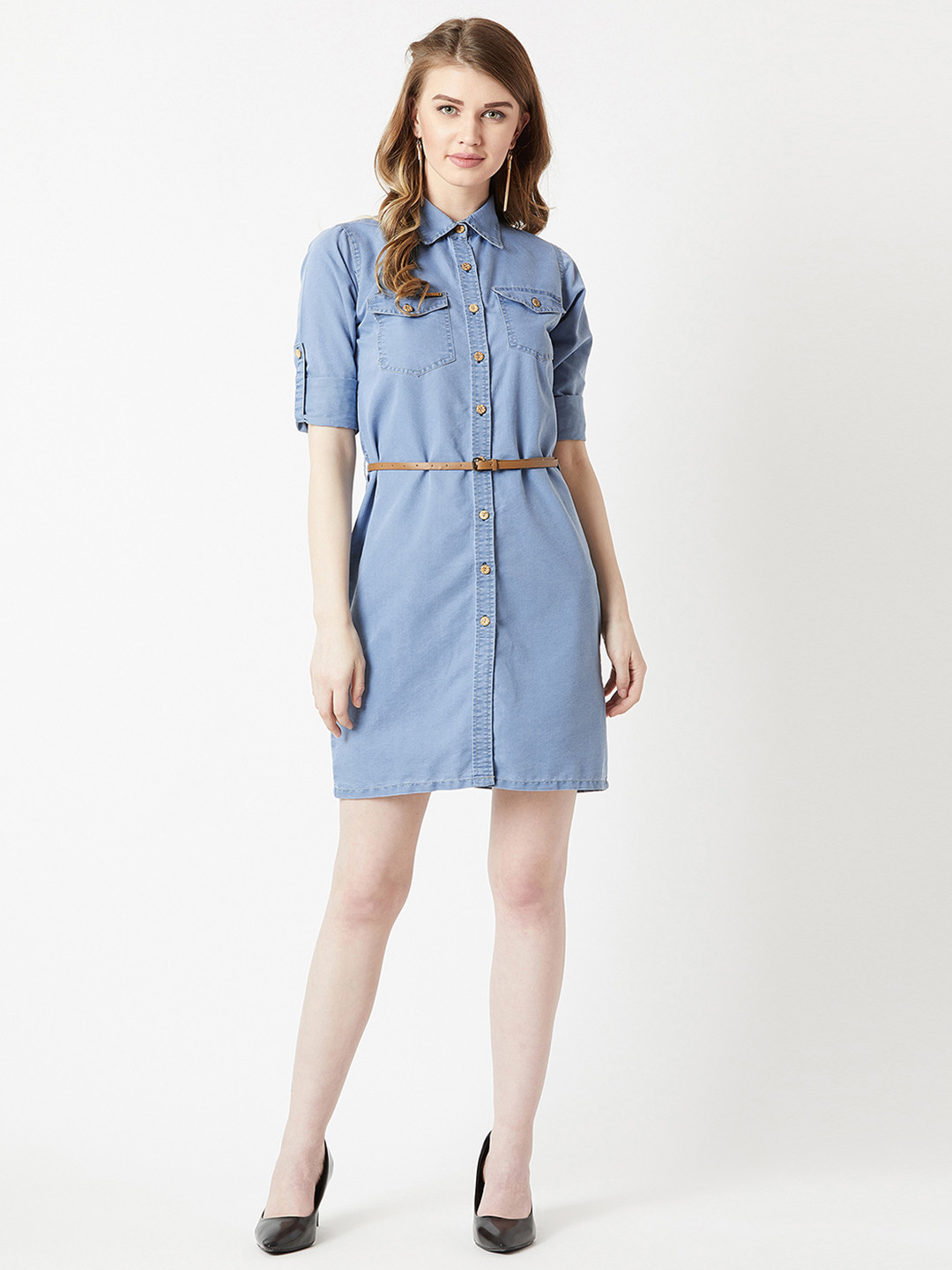Miss Chase Women Lightweight Blue Solid Denim Knee Length Shirt Dress