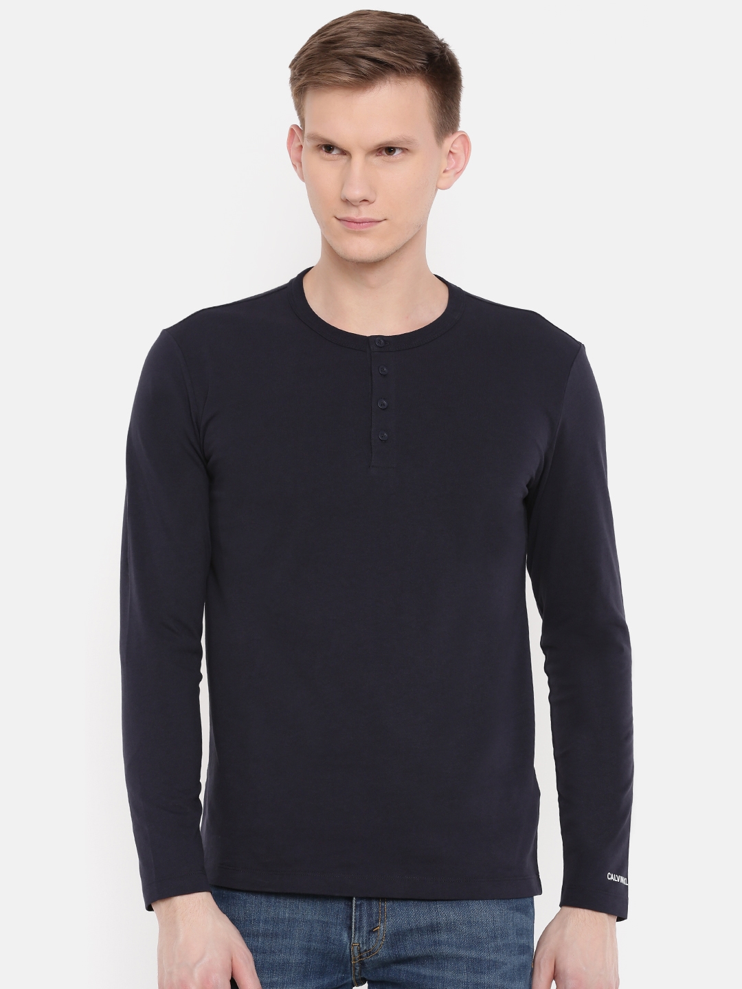 Buy Calvin Klein Jeans Men Navy Solid Henley Neck Pure Cotton T Shirt -  Tshirts for Men 8516753 | Myntra