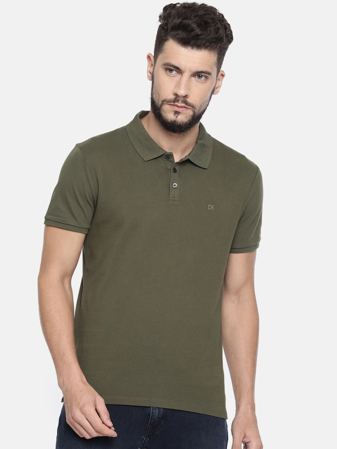 Buy Calvin Klein Jeans Men Olive Green Solid Polo Collar Pure Cotton T Shirt  - Tshirts for Men 8516831 | Myntra