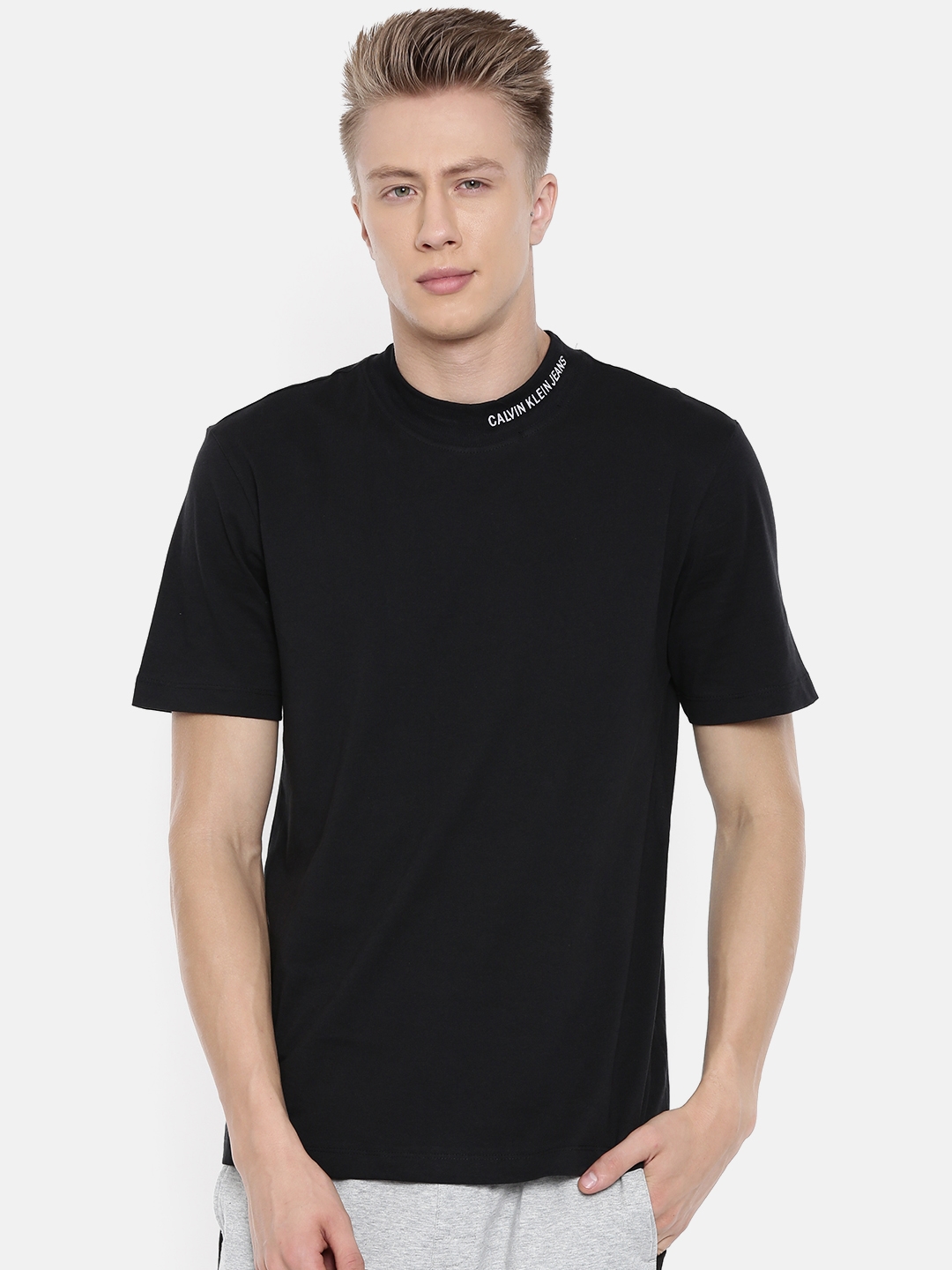 Calvin Klein Jeans Men Black Solid High Neck Pure Cotton T-shirt