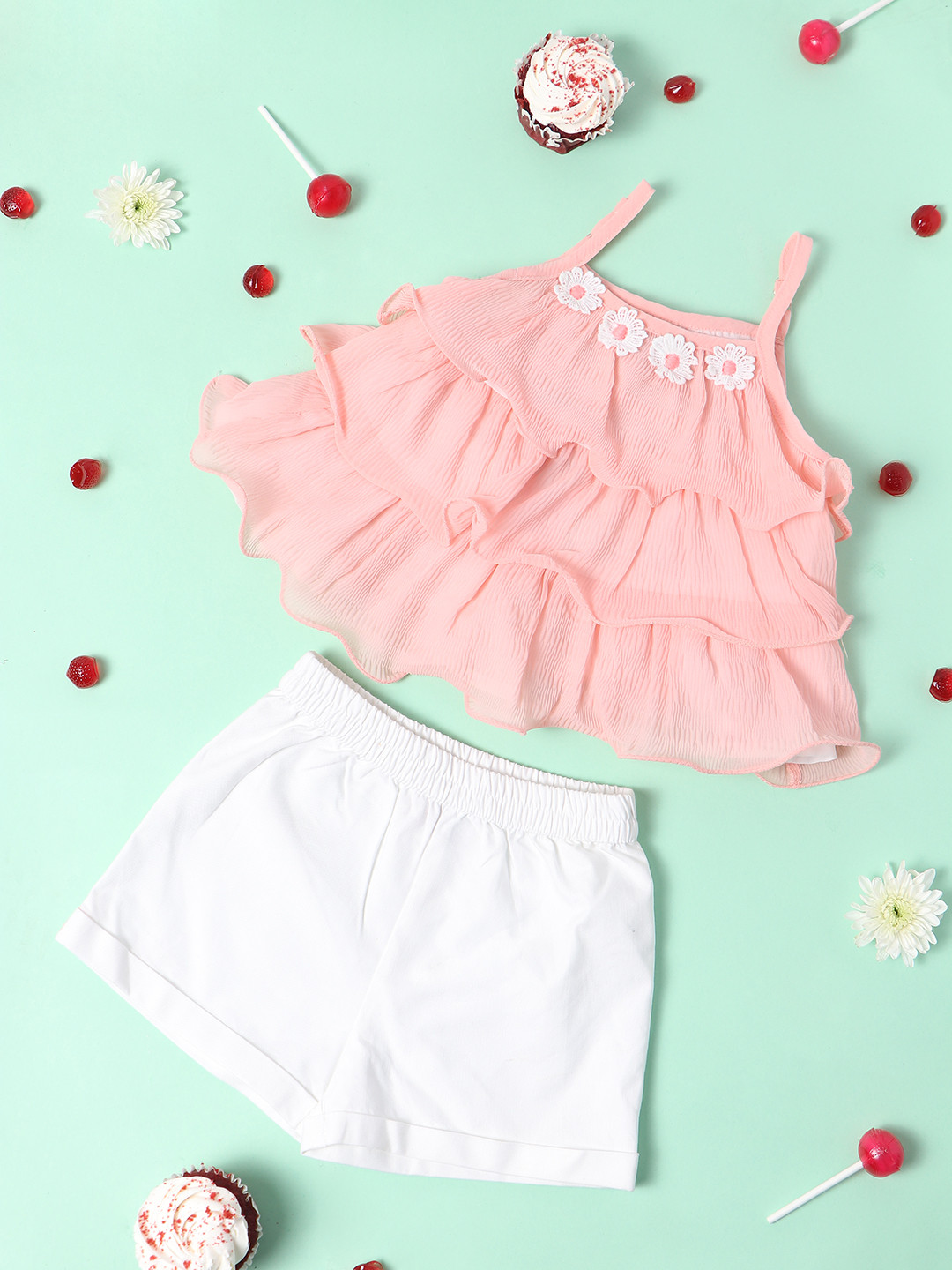 Nauti Nati Girls Peach-Coloured & Off-White Ruffled Top with Shorts