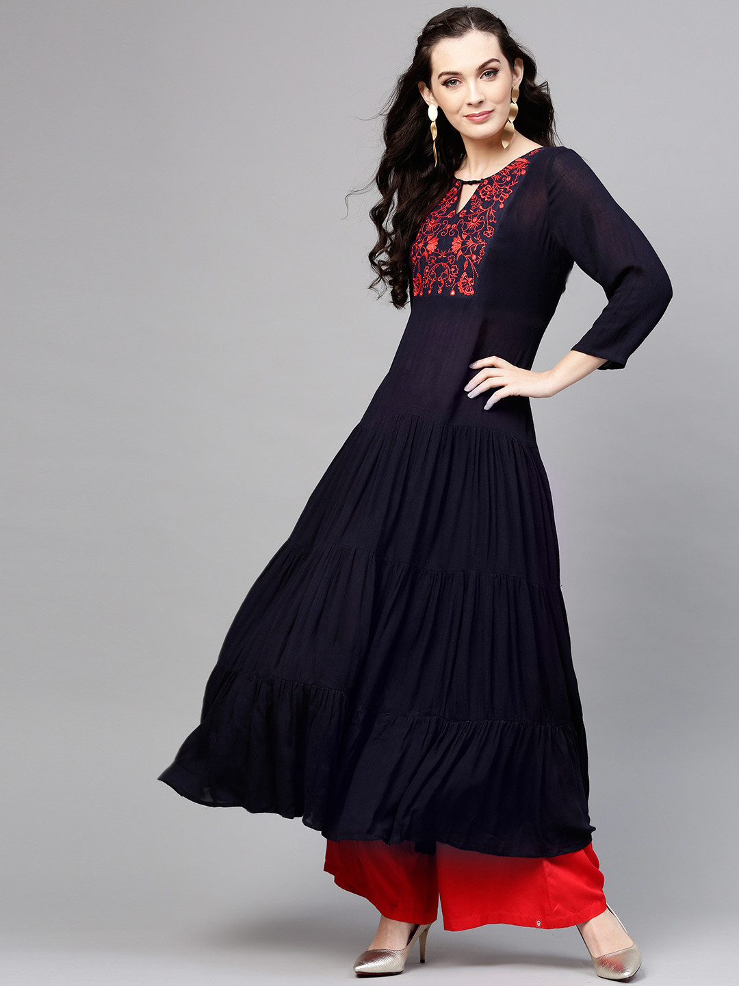 Pannkh Women Navy Blue Yoke Design Anarkali Kurta