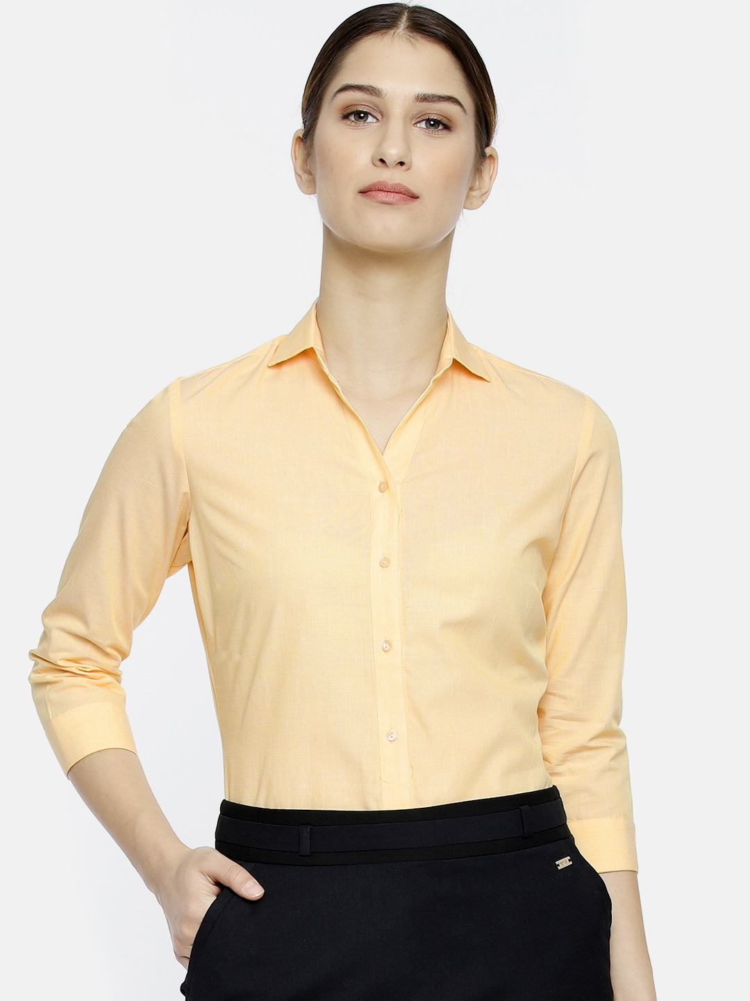 Park Avenue Woman Women Yellow Regular Fit Solid Formal Shirt