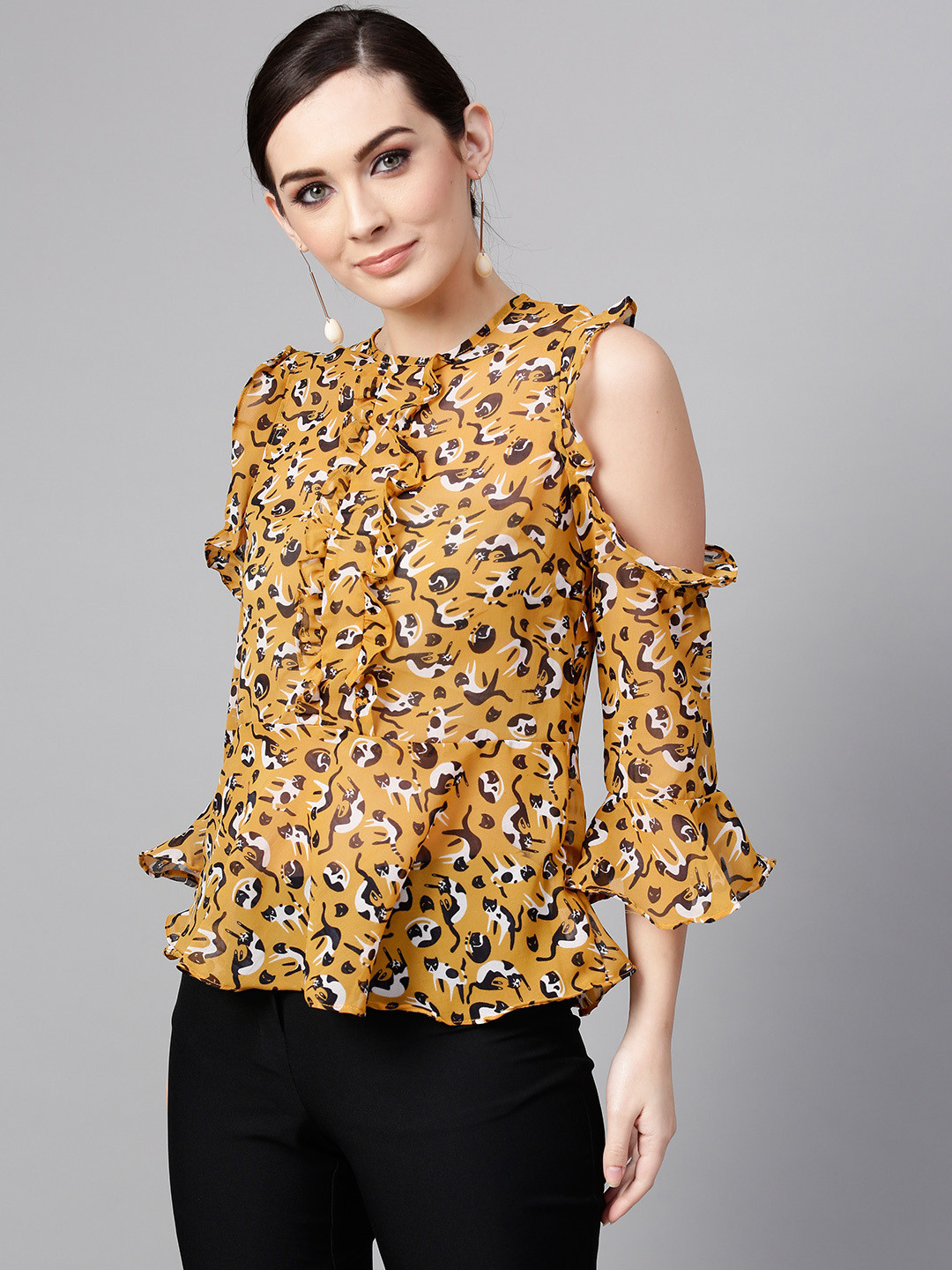 Pannkh Women Mustard Yellow & Black Printed Top