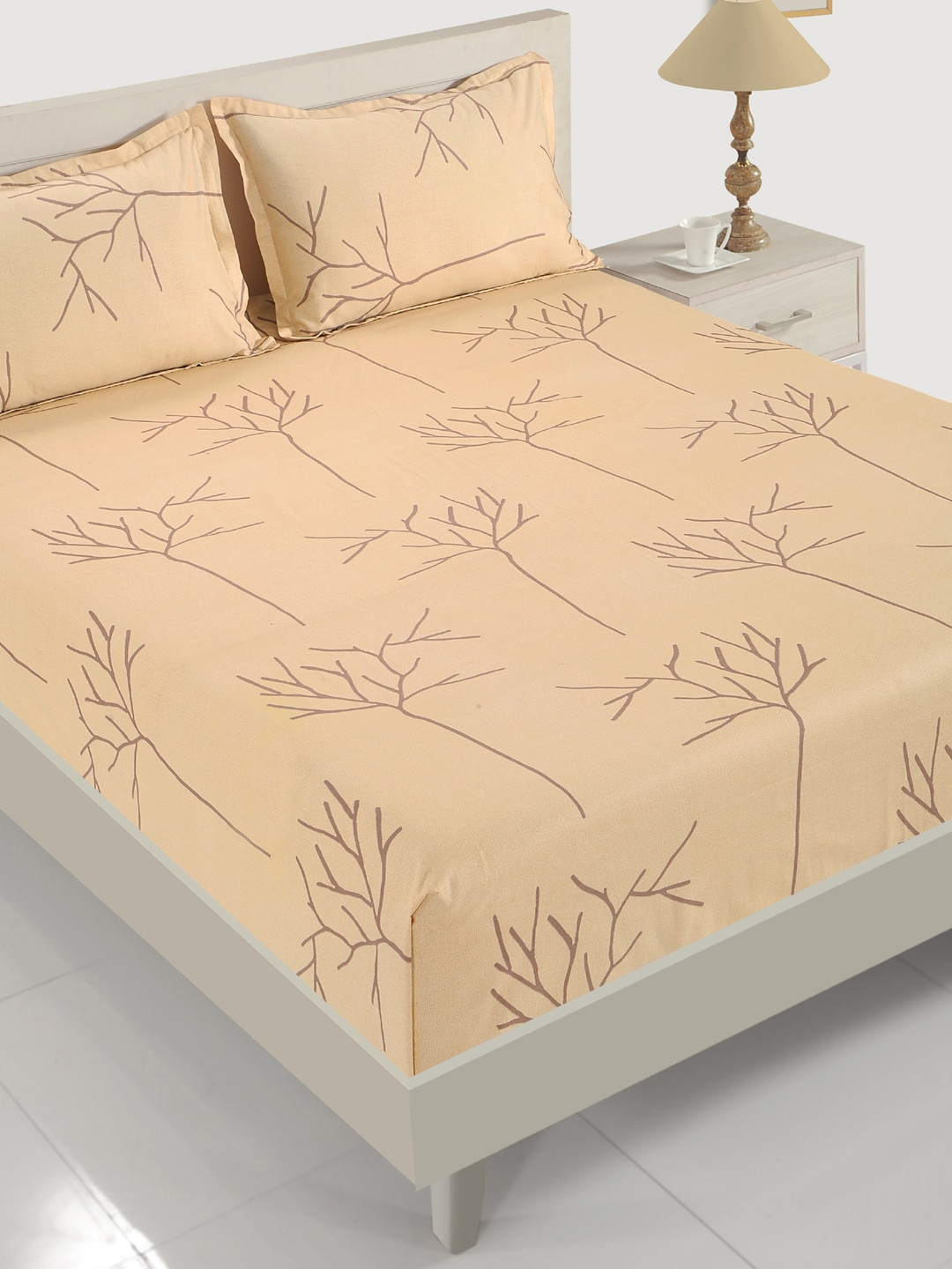 SWAYAM Fusion Peach Abstract Cotton 200 TC Fitted Queen Superfine Bedsheet with 2 Pillow Covers-188 x 180 cm